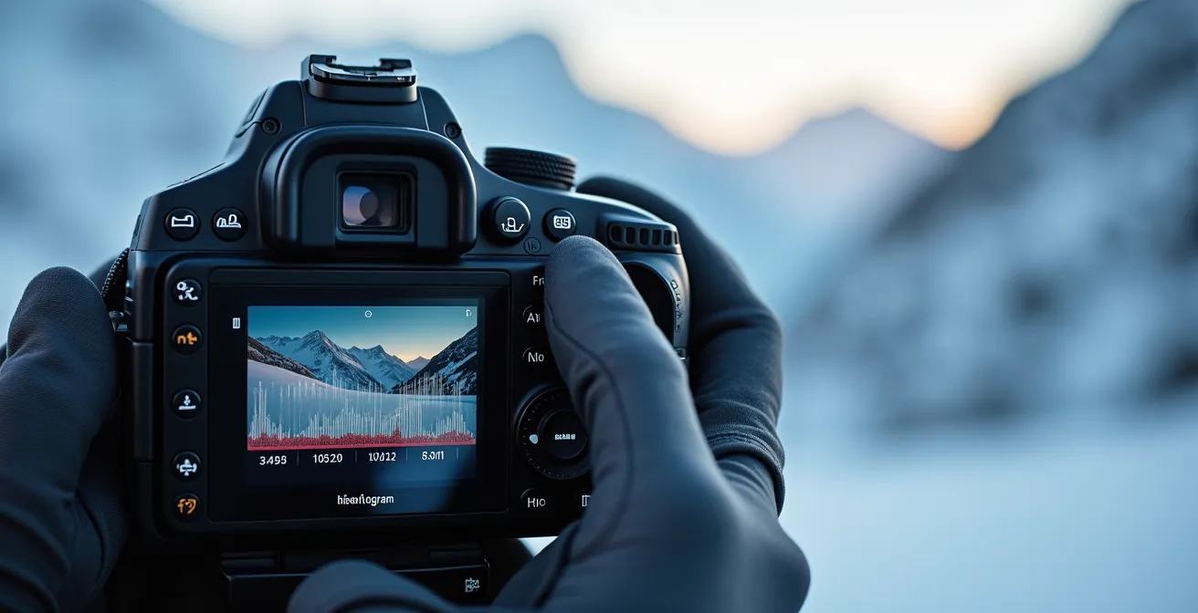 Gros plan macro sur l'écran d'un appareil photo montrant l'histogramme avec paysage enneigé flou en arrière-plan