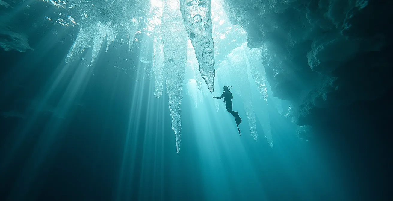 Plongeur sous la glace avec rayons de lumière filtrant à travers