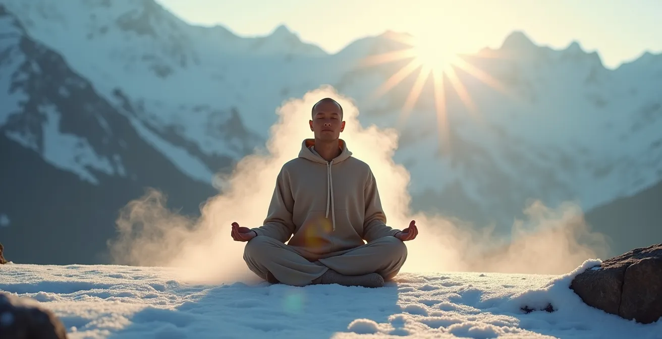 Pratiquant en méditation Tummo générant une chaleur visible dans un environnement montagnard glacé
