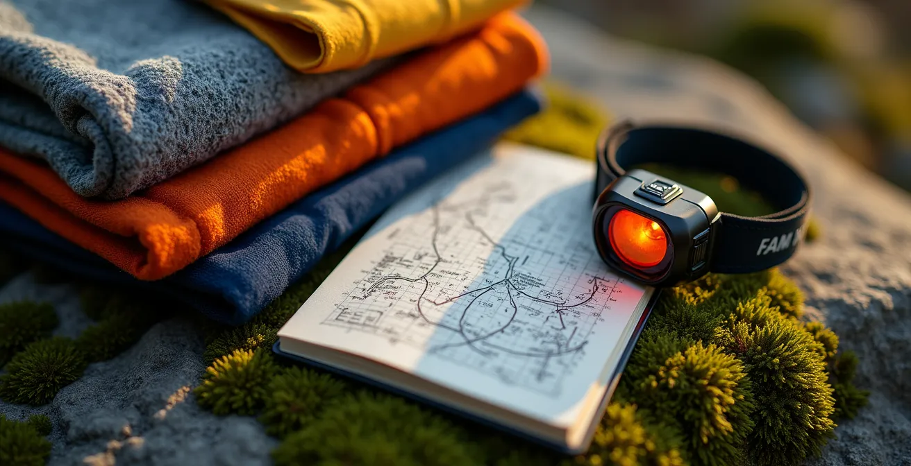 Sac à dos ouvert avec équipements de bivouac minimalistes disposés sur un rocher moussu