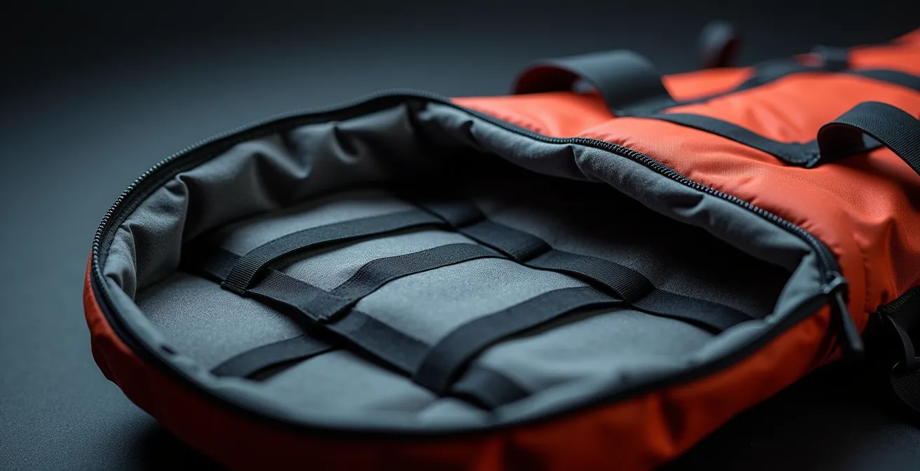 Housse de ski rembourrée ouverte montrant l'organisation intérieure avec protections en mousse