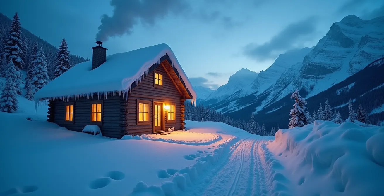 Refuge de montagne isolé par la neige avec randonneurs arrivant en raquettes
