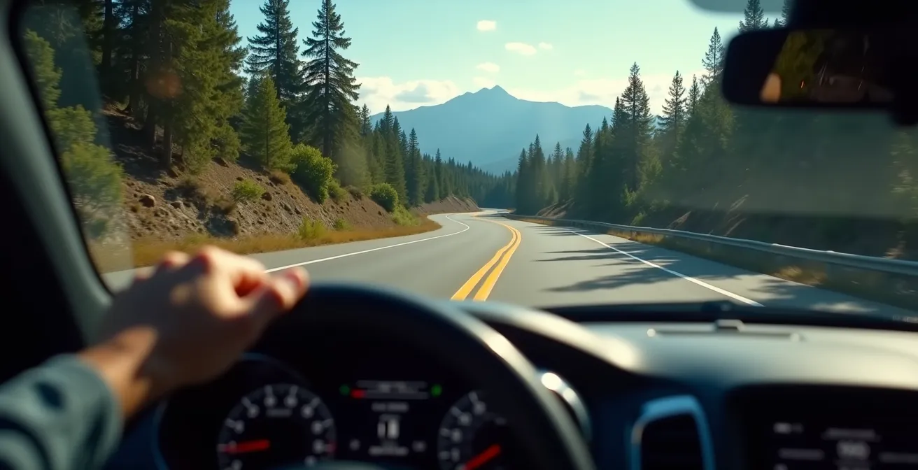 Route sinueuse de montagne photographiée depuis l'habitacle d'une voiture avec tableau de bord flou au premier plan