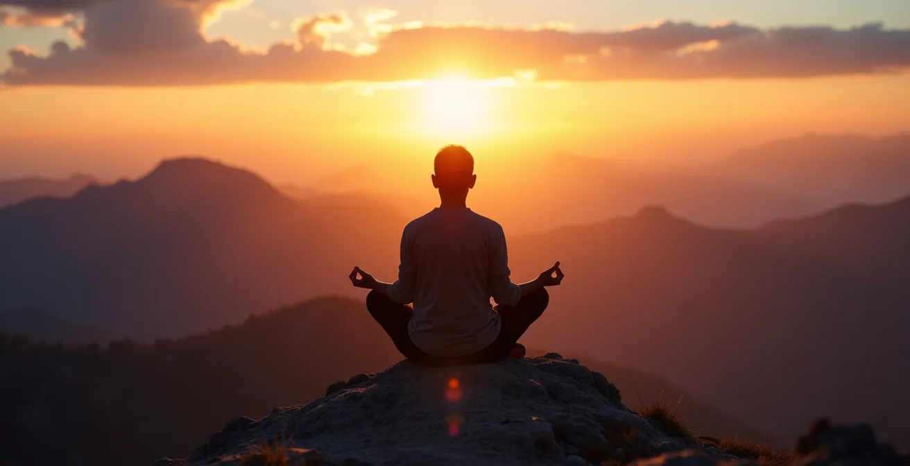 Personne méditant face au lever du soleil sur un sommet montagnard, baignée dans la lumière dorée du matin