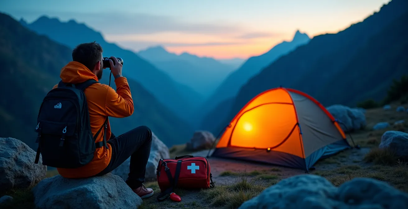Campement sécurisé au crépuscule avec vue sur vallée montagneuse