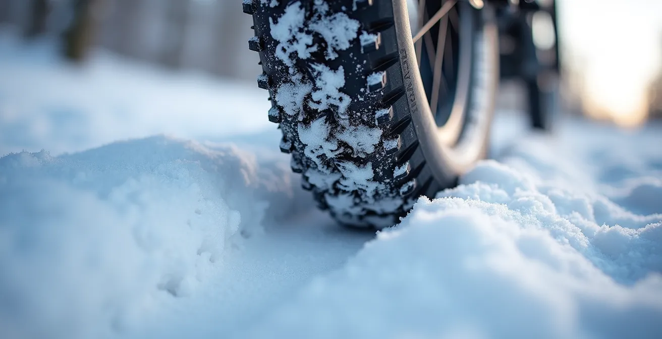 Vue macro sur un pneu de fatbike créant une empreinte dans la neige fraîche avec détails de la texture