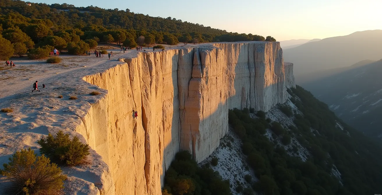 Vue panoramique d'une falaise d'escalade calcaire dans son environnement naturel préservé