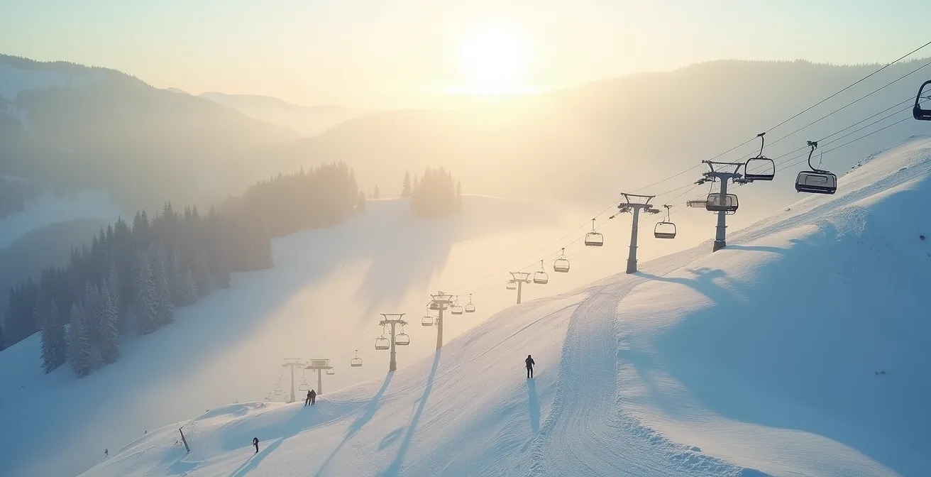 Vue aérienne de télésièges en montagne avec flux de skieurs optimisé