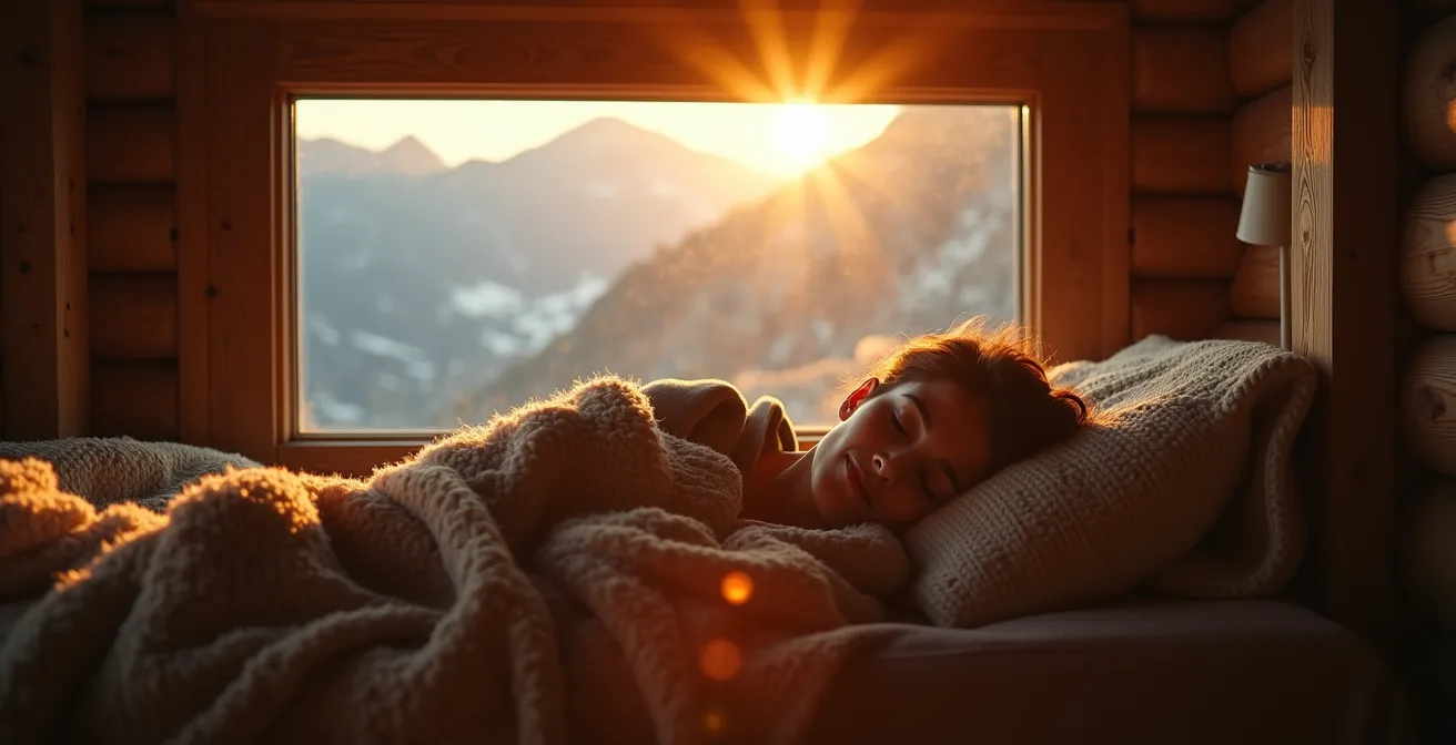 Vue intérieure d'un refuge de montagne au crépuscule avec lumière dorée filtrant par la fenêtre
