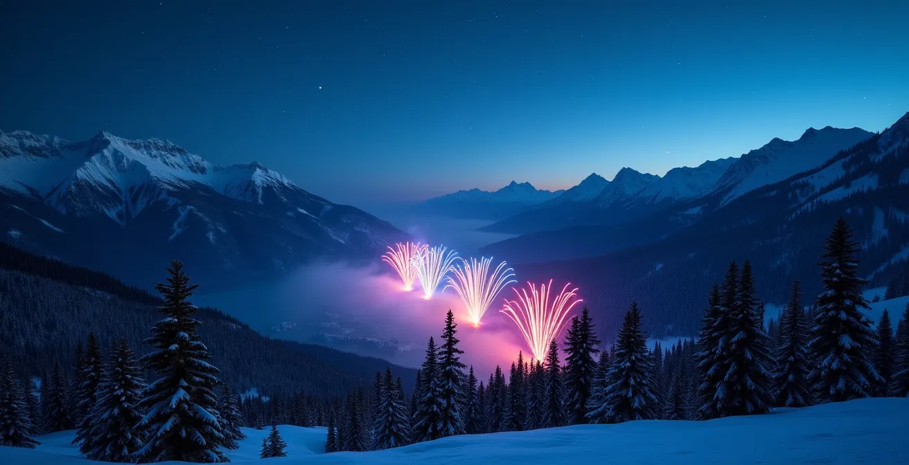 Vue panoramique nocturne d'une vallée enneigée avec éclats de lumière colorés se reflétant sur les pentes