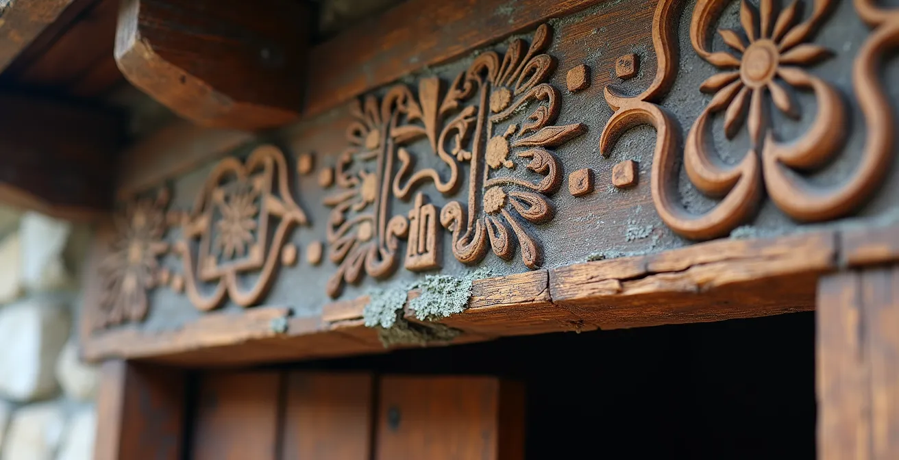 Détail architectural d'une façade traditionnelle de montagne avec linteaux gravés et motifs solaires