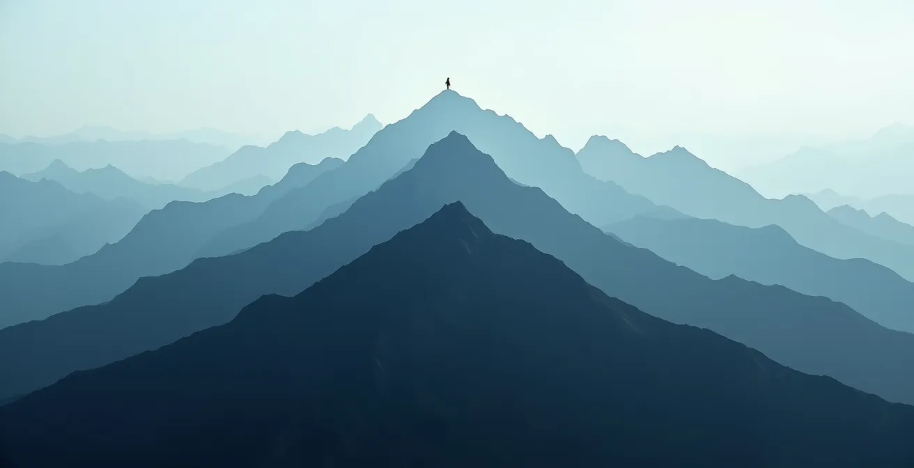 Chaîne de montagnes photographiée au téléobjectif montrant la compression des plans successifs