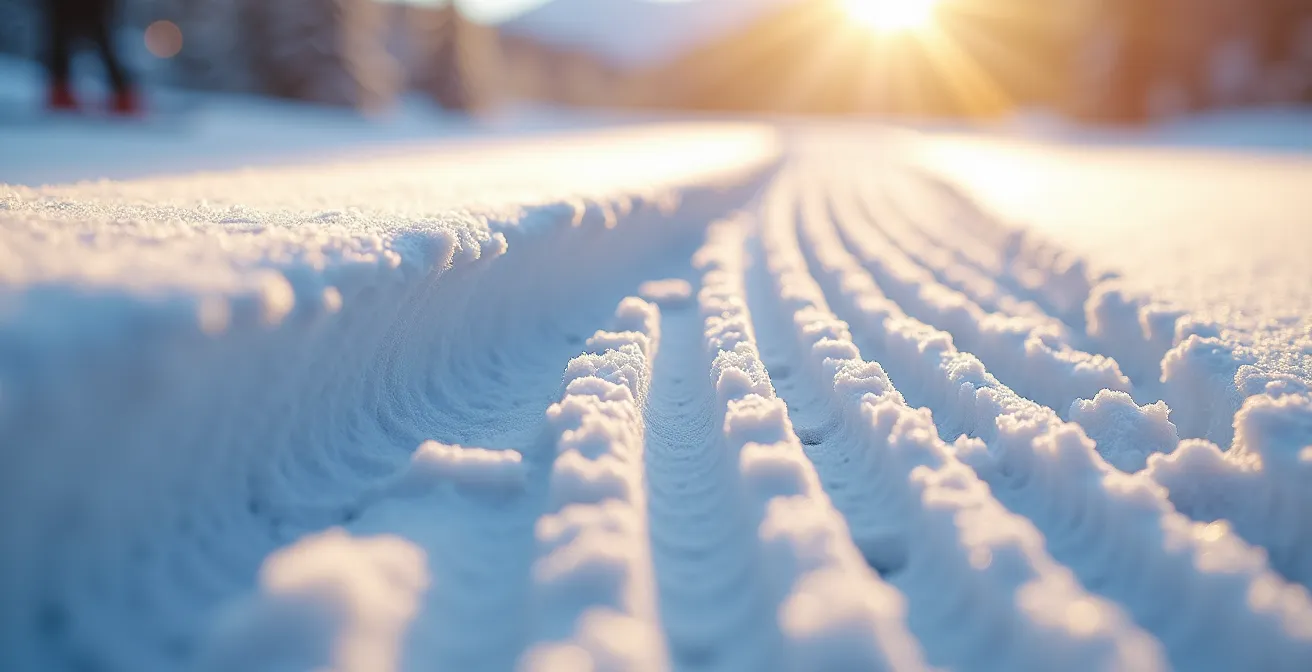 Trace de carving parfaite sur neige préservant le manteau neigeux
