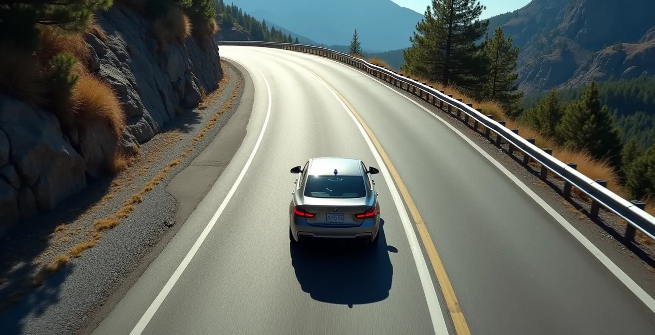 Vue plongeante d'une voiture négociant un virage en épingle sur une route de montagne
