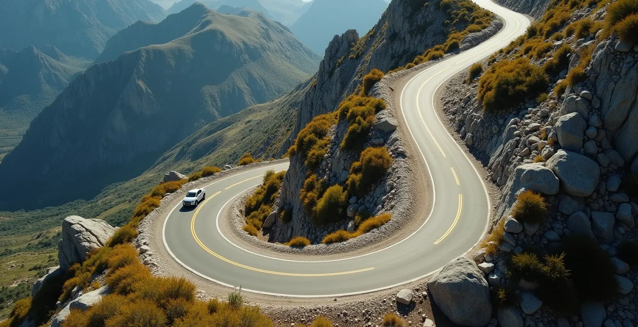Vue aérienne d'un virage en épingle avec trajectoire idéale