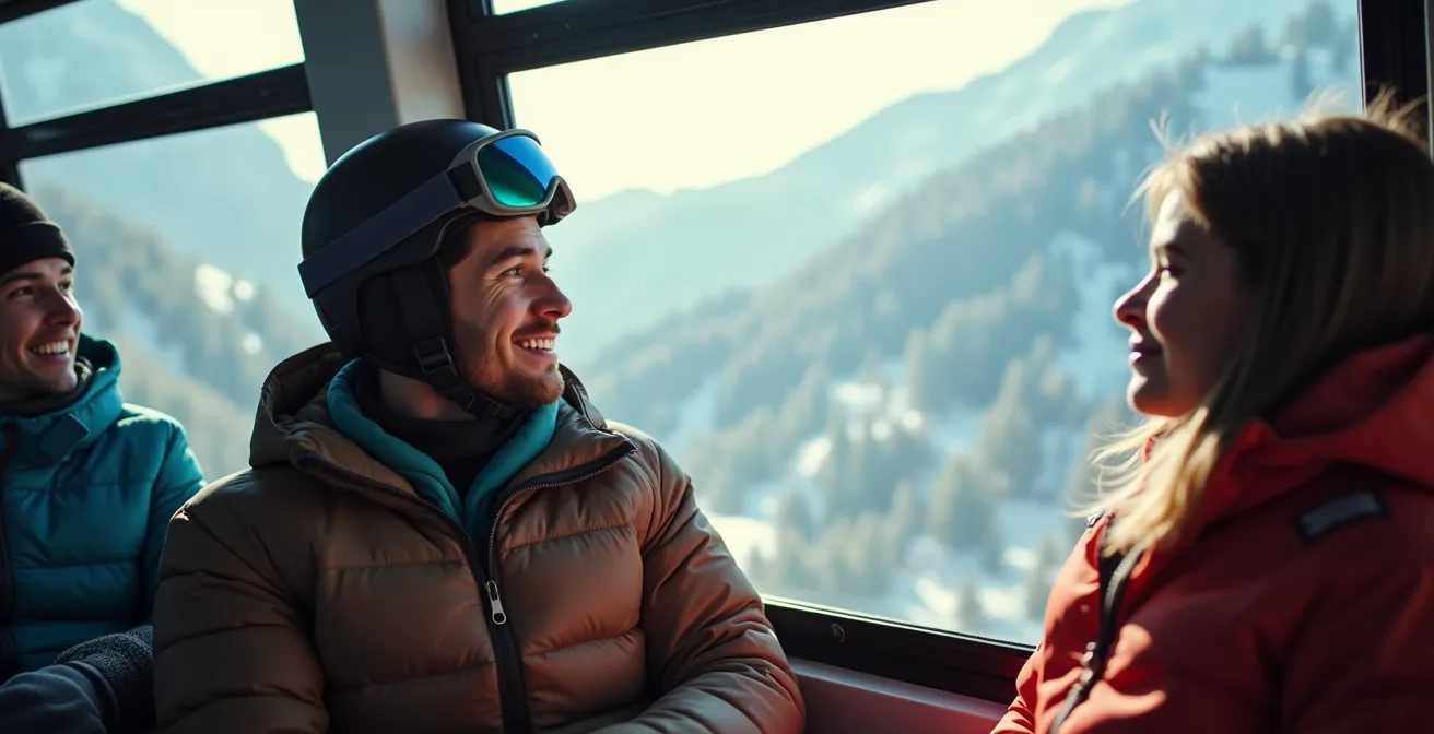 Intérieur de télécabine moderne avec skieurs en phase de récupération