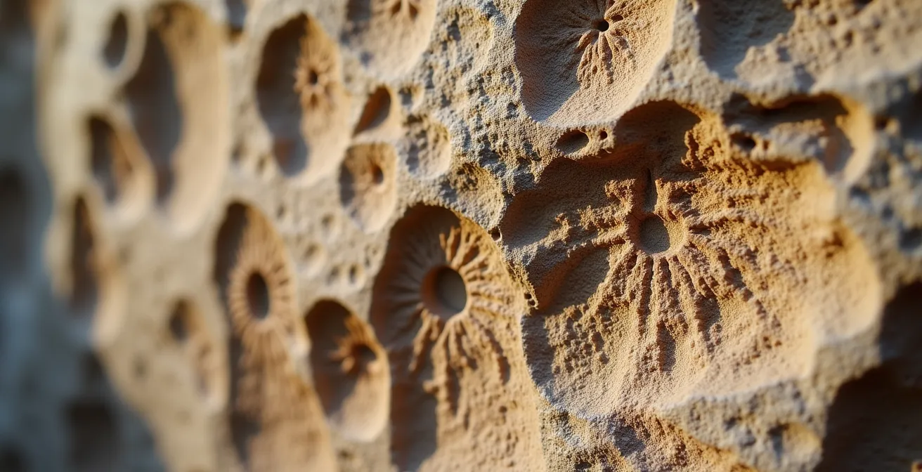 Gros plan sur des traces fossiles de terriers et pistes d'animaux préhistoriques dans une roche calcaire