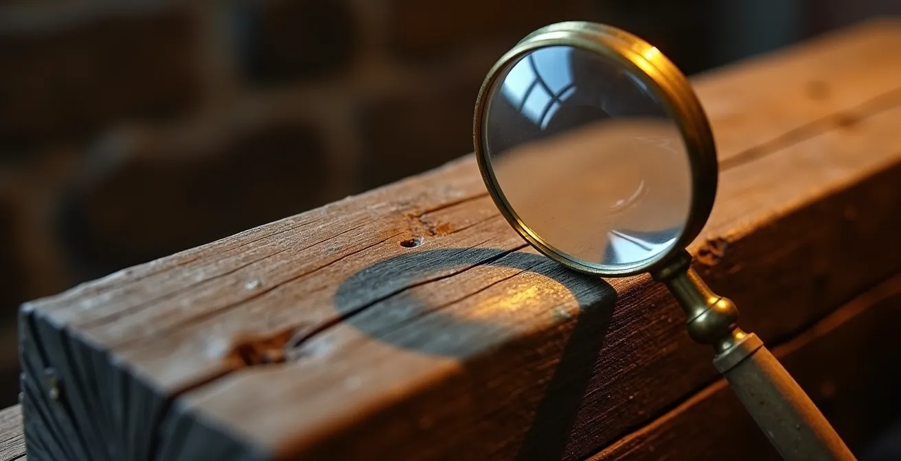 Loupe examinant de près les détails architecturaux d'un chalet en bois, symbolisant l'inspection minutieuse d'une annonce de location.