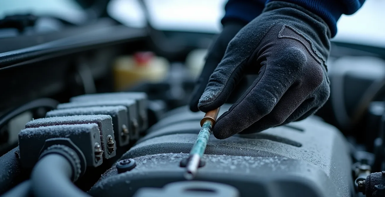 Mécanicien vérifiant les niveaux de fluides sous le capot d'une voiture en hiver