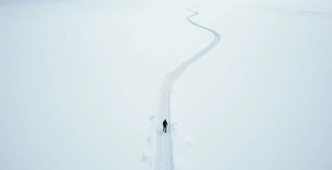 Vue aérienne minimaliste d'un randonneur solitaire sur une vaste étendue enneigée