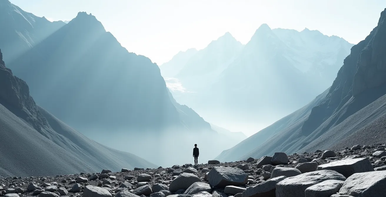 Vaste paysage montagnard minimaliste avec une silhouette humaine minuscule face à l'immensité des sommets