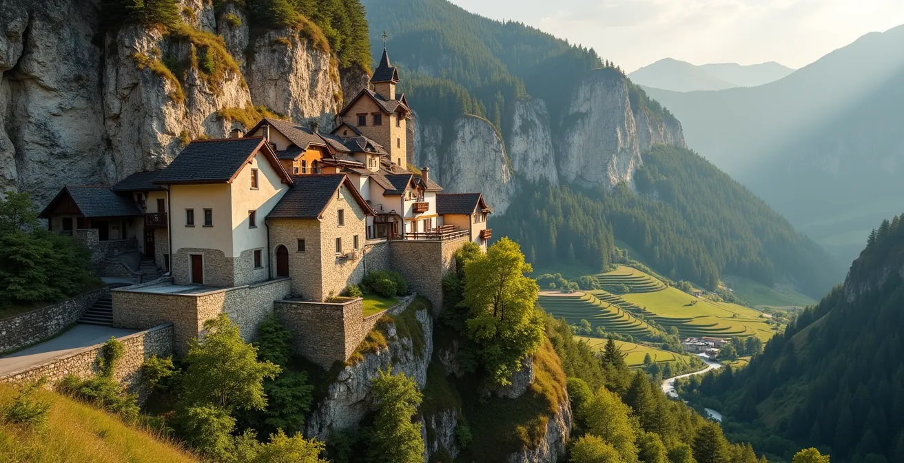 Village de montagne traditionnel construit en pierre locale sur un promontoire rocheux dominant la vallée