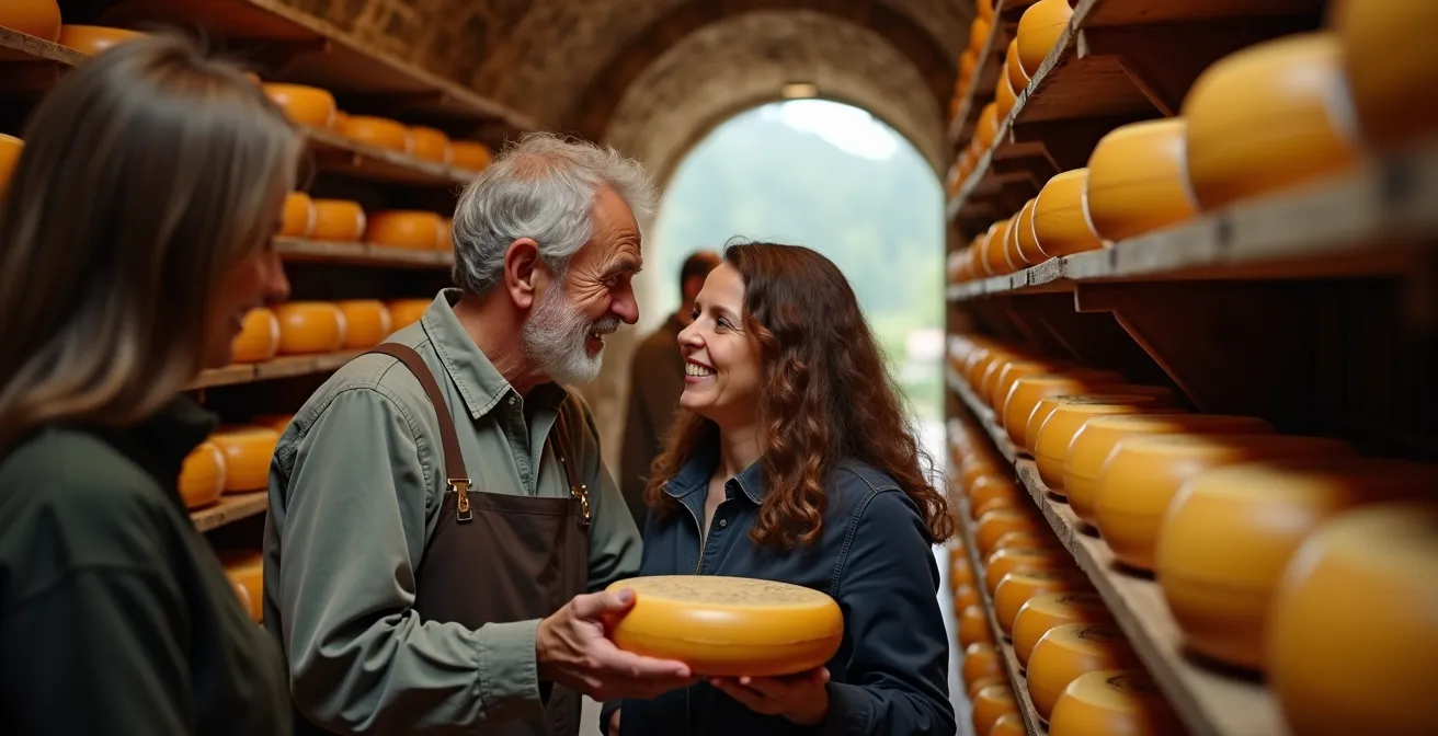 Producteur montagnard expliquant la fabrication du fromage à des visiteurs dans sa ferme d'altitude